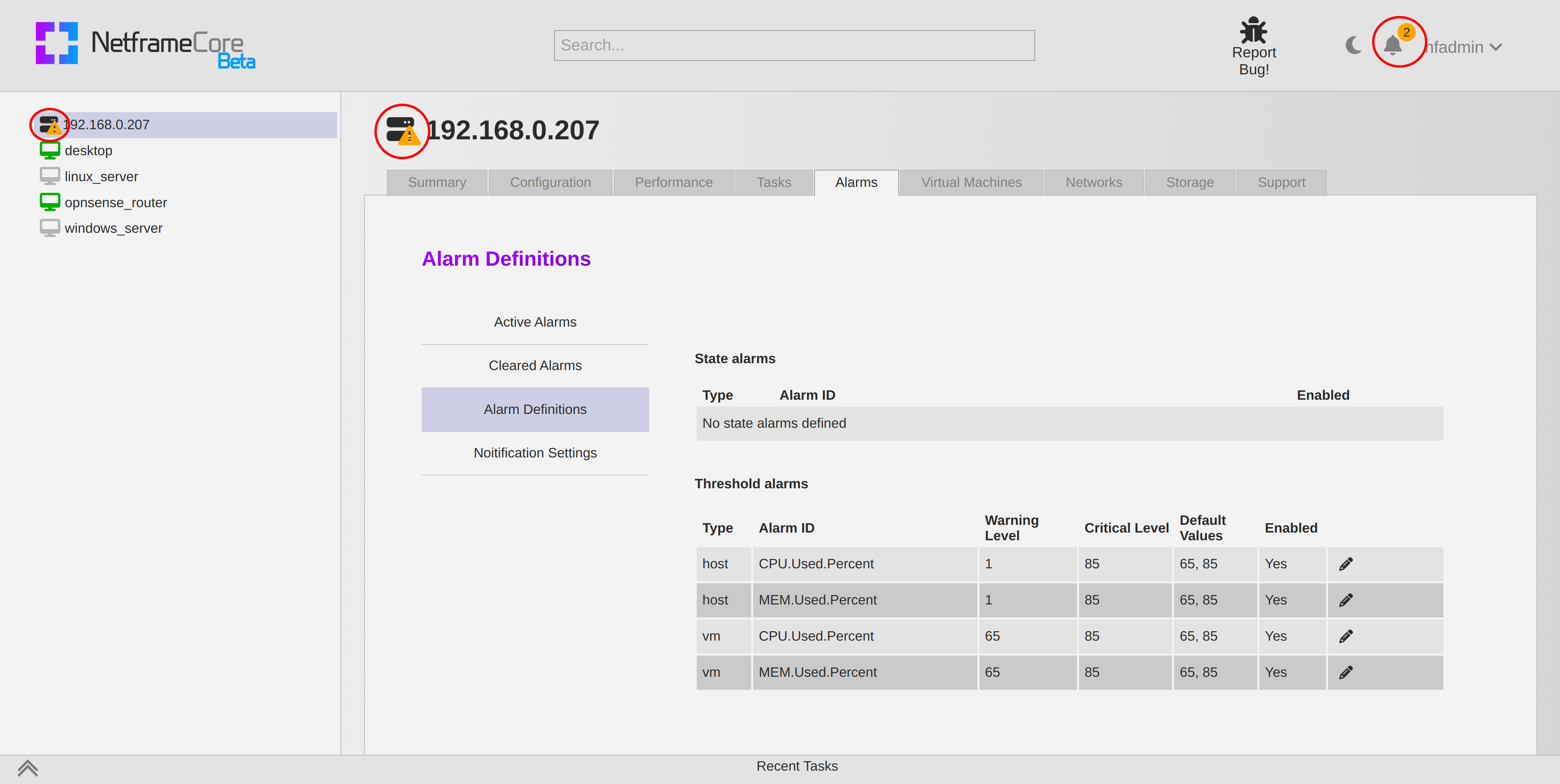 Performance and Alerting | Netframe Documentation